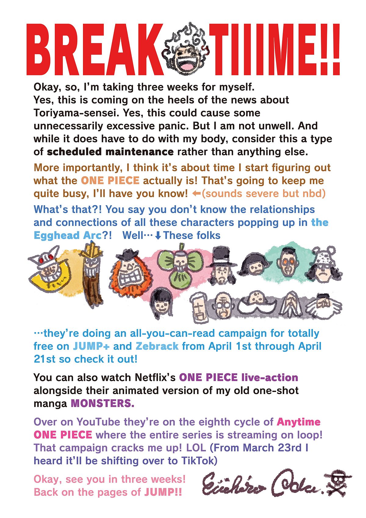 One Piece Creator Eiichiro Oda Takes Three-Week Break After Chapter 1111 Release - -1098919430